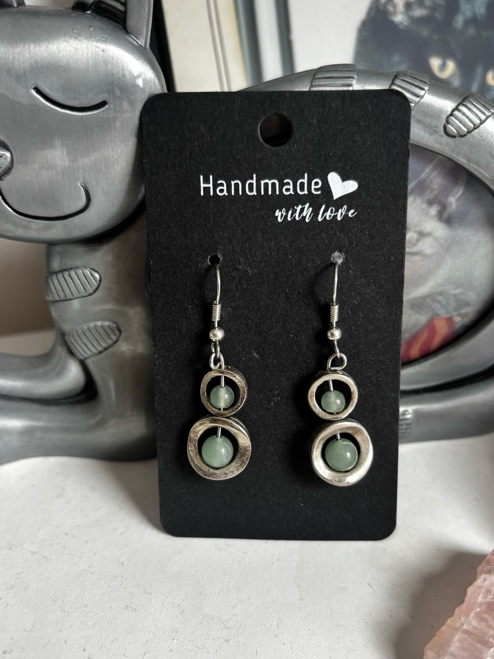 Handmade Silver-Tone Drop Earrings with Sage Green Stones